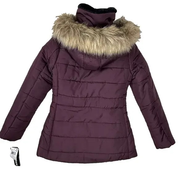 CELEBRITY PINK Women’s size XS Dark Mulberry Hooded Puffer Jacket faux fur NWT - Picture 8 of 8